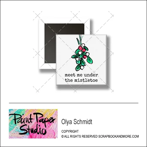 Scrapbook and More 1 inch Square Flair Badge Button Christmas Meet Me Under The Mistletoe by Olya Schmidt